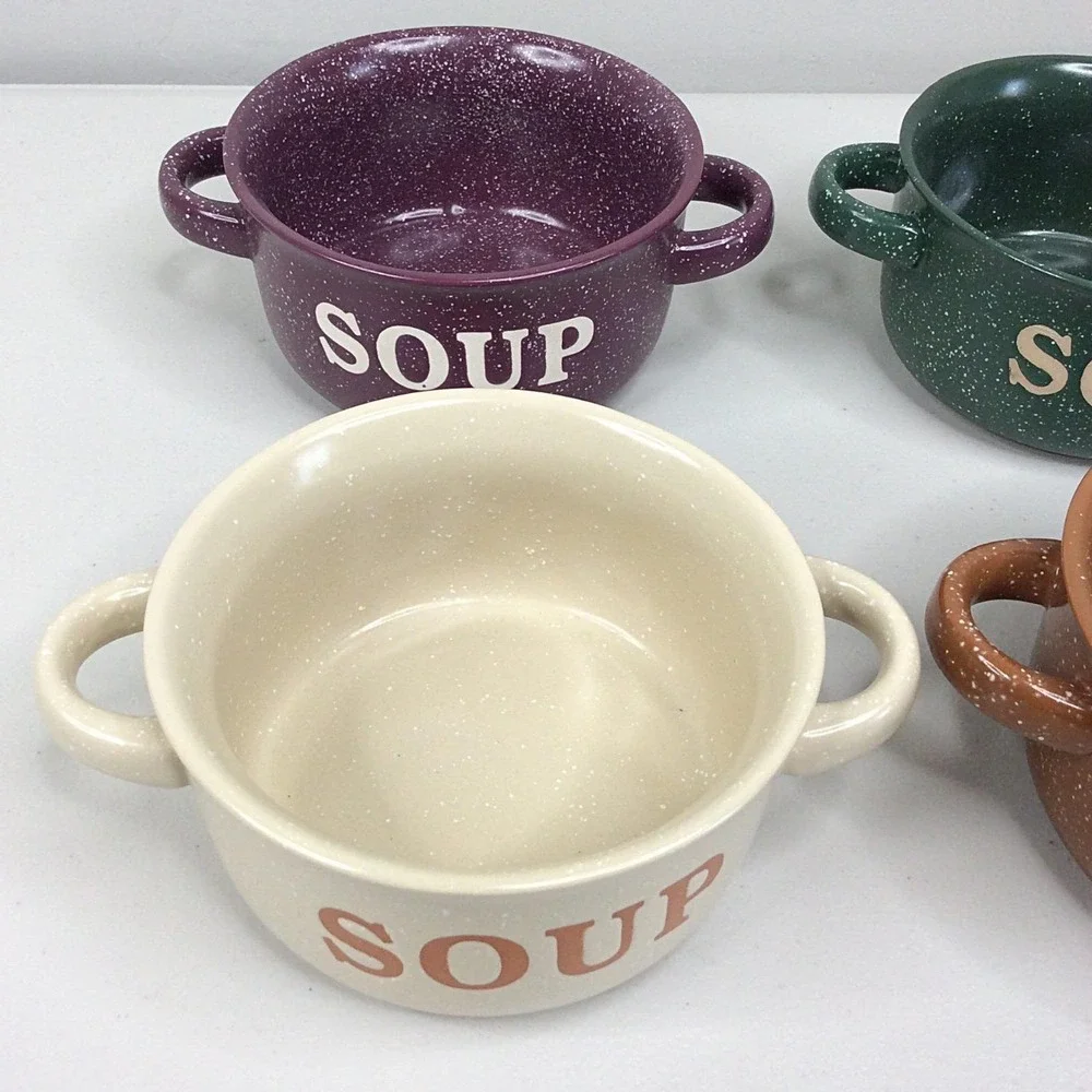 Set of 4 Walter Drake Speckled Soup Bowl Crock Country Farmhouse Handles